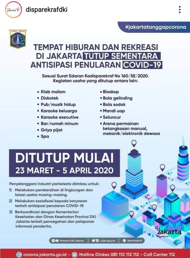 23 Maret - 5 April 2020 Tempat Wisata dan Hiburan Malam di Jakarta Wajib Tutup