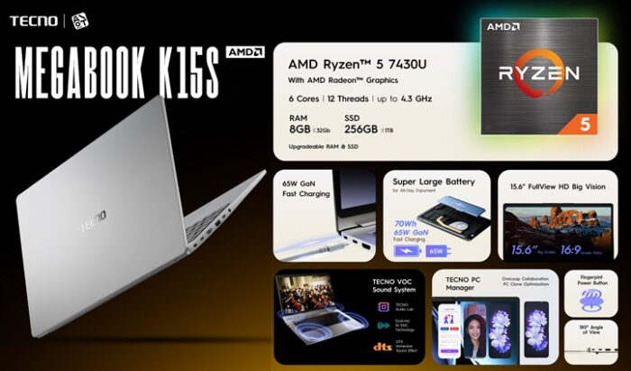 TECNO MEGABOOK K15S Hadir dengan Layar 15 Inci, Dukung Produktivitas Lebih Maksimal